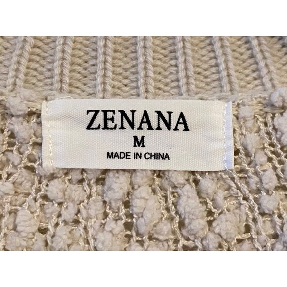 Zenana Women M Beige Textured Knit Sweater Ribbed Trim & Pockets Oversized Boho - Picture 3 of 10
